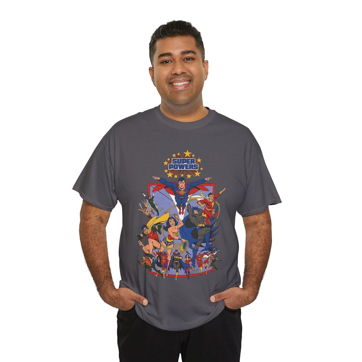 Super Powers T-Shirt - Superman, Flash, Wonder Woman, Batman, Batgirl, Robin, Plastic Man, Aquaman, Hawkman, Supergirl - 1980s Kenner Toy Line - Retro DC Comics