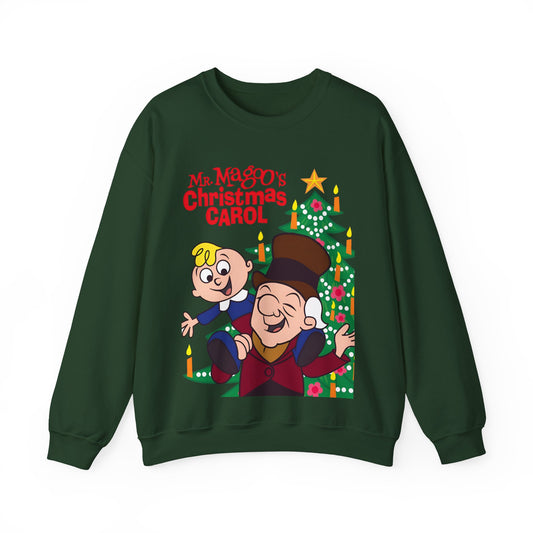 Green sweatshirt with Christmas-themed design featuring Mr Magoo and a Christmas tree.