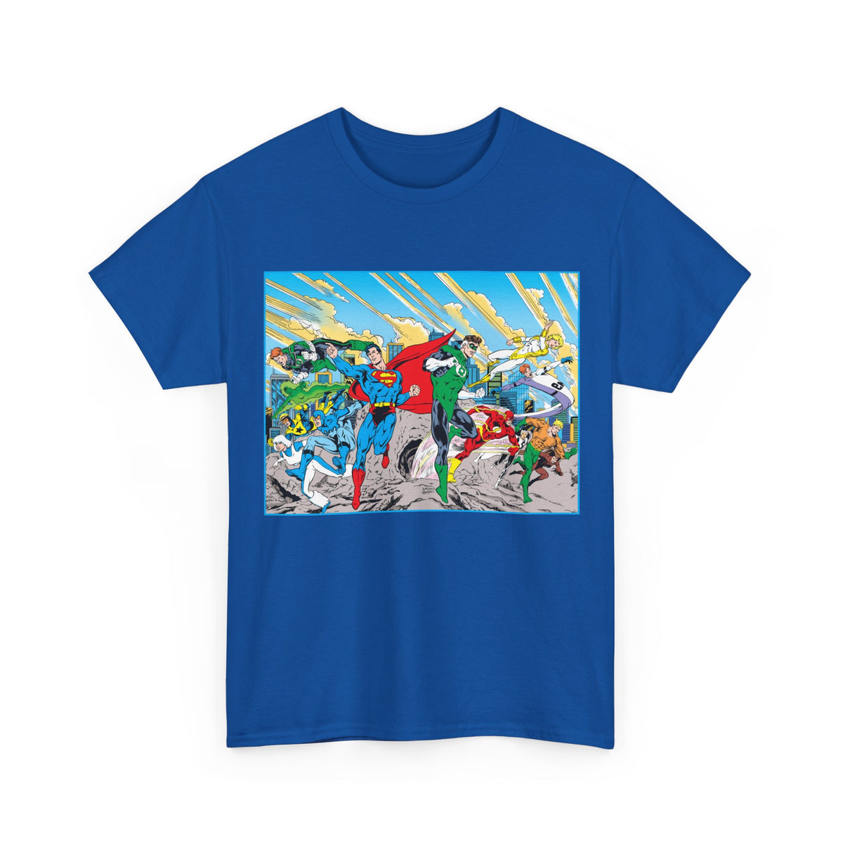 Justice League America/Europe T-Shirt - Dan Jurgens Art - Superman, Blue Beetle, Booster Gold, Green Lantern, Aquaman, Power Girl, Guy Gardner, Flash - DC Comics