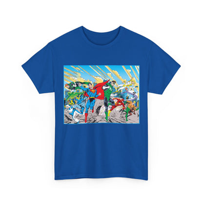 Justice League America/Europe T-Shirt - Dan Jurgens Art - Superman, Blue Beetle, Booster Gold, Green Lantern, Aquaman, Power Girl, Guy Gardner, Flash - DC Comics