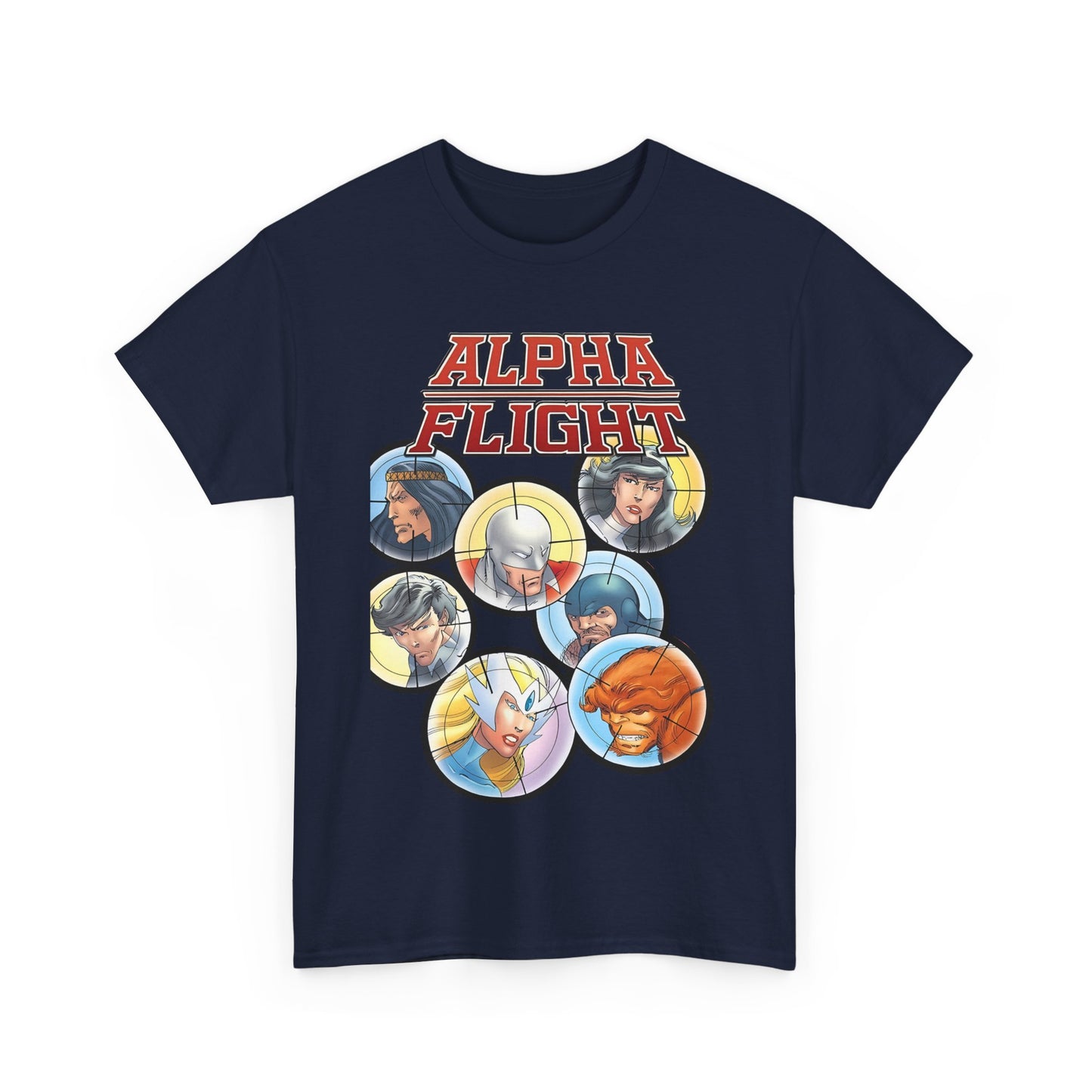 Alpha Flight T-Shirt - John Byrne Art - Guardian, Aurora, Northstar, Sasquatch, Shaman, Puck, Snowbird - Canada's Super Heroes - Marvel Comics