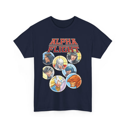 Alpha Flight T-Shirt - John Byrne Art - Guardian, Aurora, Northstar, Sasquatch, Shaman, Puck, Snowbird - Canada's Super Heroes - Marvel Comics
