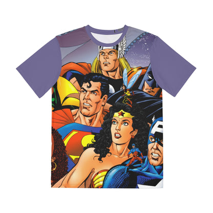 JLA/Avengers All Over Print Tee (Polyester) - George Perez Art - Thor, Wonder Woman, Scarlet Witch, Superman, Batman - DC Comics, Marvel (IMPROVED PLACEMENT AND PRINTING TECHNIQUES)