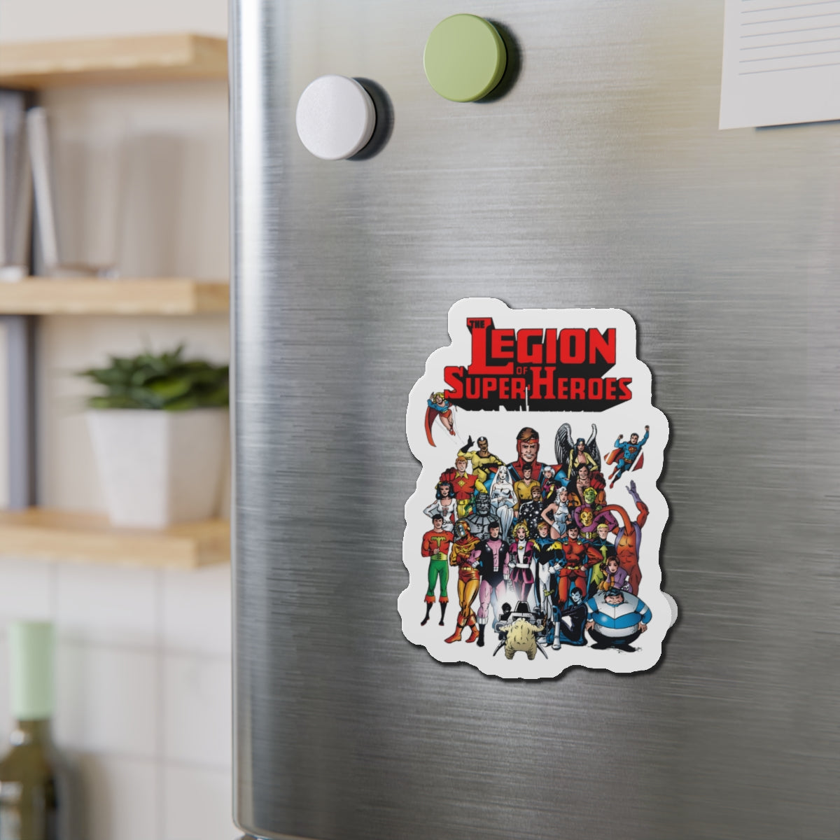 Legion of Super-Heroes Die-Cut Magnet - #300 Cover Art - Lightning Lad, Saturn Girl, Cosmic Boy, Superboy, Supergirl, Wildfire, Dream Girl, Bouncing Boy, Brainiac 5 - DC Comics - 3", 4", 5", 6"