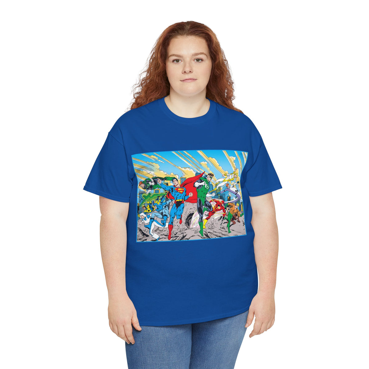 Justice League America/Europe T-Shirt - Dan Jurgens Art - Superman, Blue Beetle, Booster Gold, Green Lantern, Aquaman, Power Girl, Guy Gardner, Flash - DC Comics