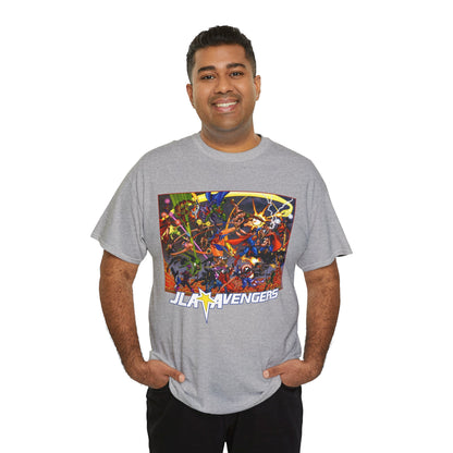 Avengers Vs JLA T-Shirt - Stunning George Perez Art - Marvel & DC Comics Crossover - Thor, Superman, Wonder Woman, Hercules, Iron Man, Batman, Black Canary, Scarlet Witch, Wonder Man, Martian Manhunter