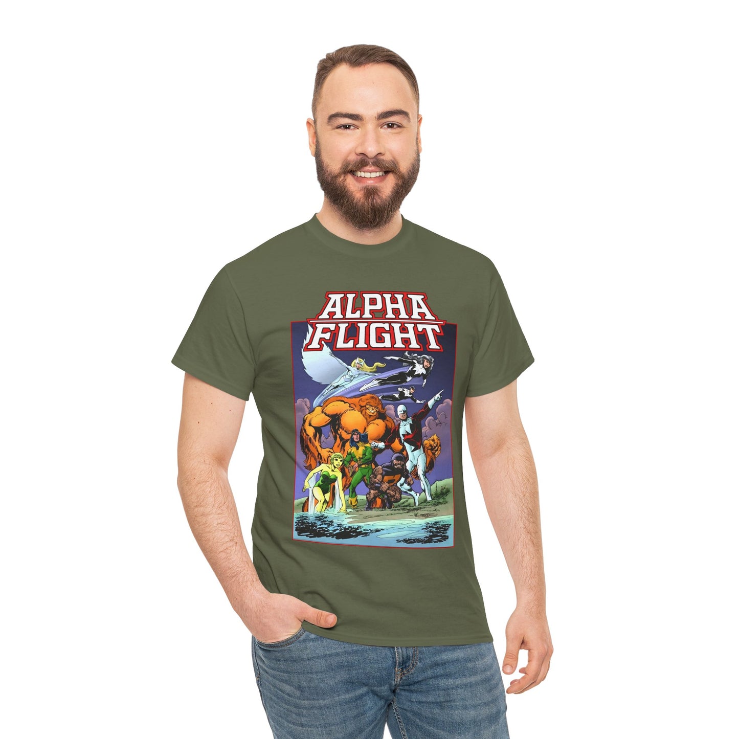 Alpha Flight T-Shirt - John Byrne Art - Guardian, Aurora, Northstar, Shaman, Snowbird, Puck - Marvel Comics - Canada's Super-Team