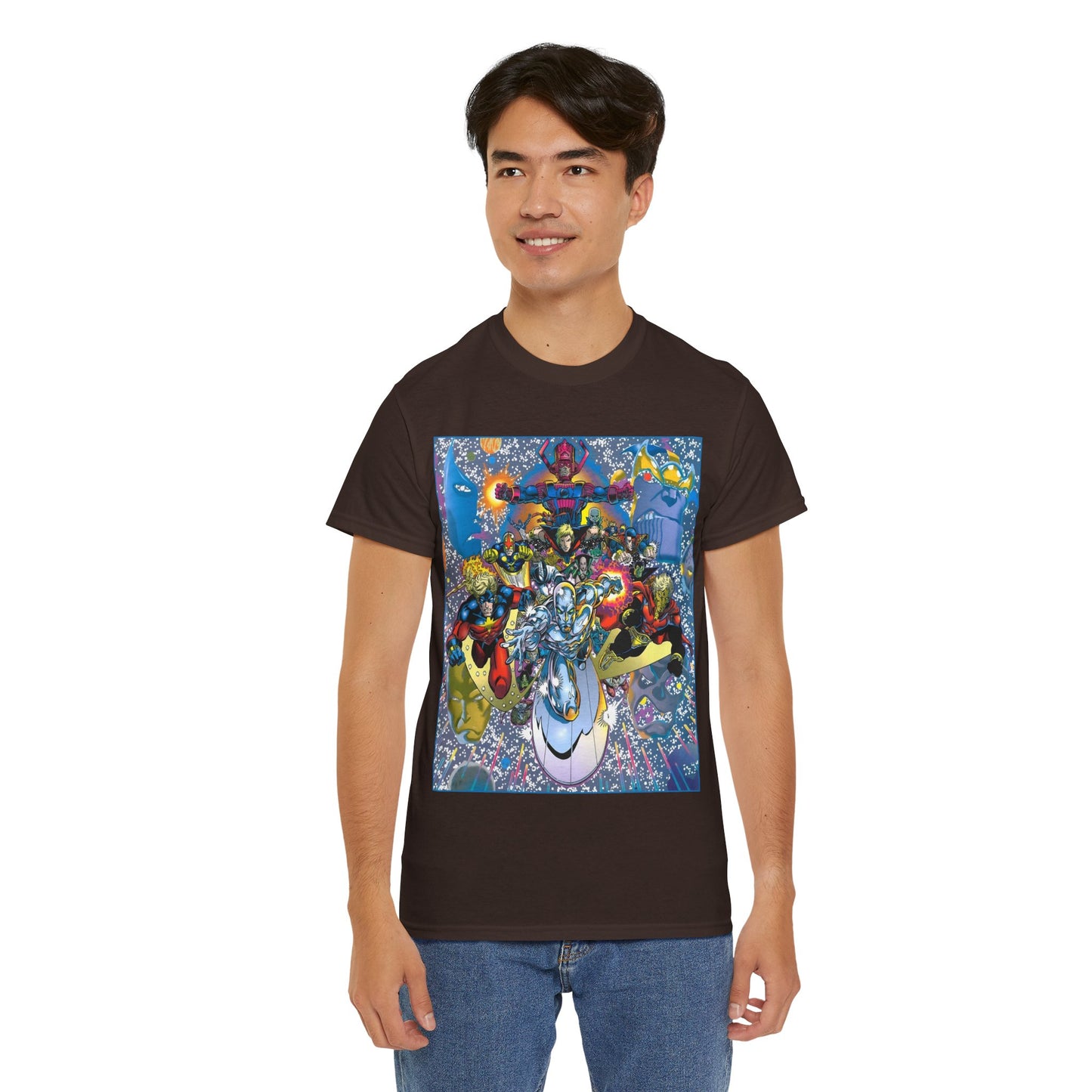 Marvel Cosmic Heroes T-Shirt - Silver Surfer, Captain Marvel, Adam Warlock, Quasar, Nova, Galactus, Jack of Hearts, Moondragon, Thanos