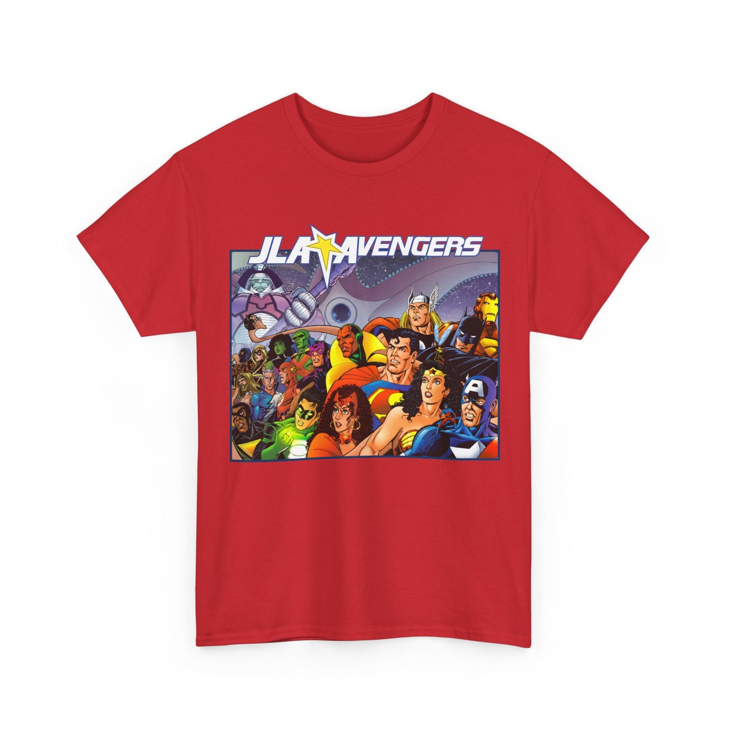 JLA/Avengers T-Shirt - George Perez Art - Wonder Woman, Scarlet Witch, Batman, Thor, Iron Man, Superman - DC Comics, Marvel Comics