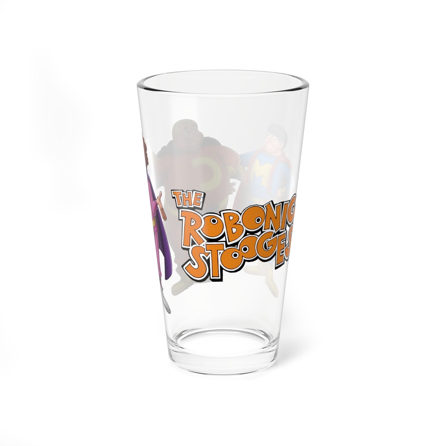 Robonic Stooges Pint Glass 16oz Hanna-Barbera Three Stooges Cartoon Moe Larry Curly Retro 70s Bionic Superhero Nostalgia Cup Barware Gift