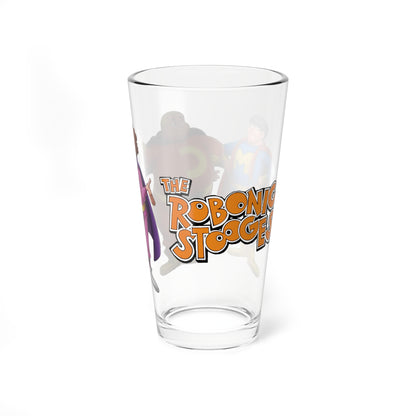 Robonic Stooges Pint Glass 16oz Hanna-Barbera Three Stooges Cartoon Moe Larry Curly Retro 70s Bionic Superhero Nostalgia Cup Barware Gift