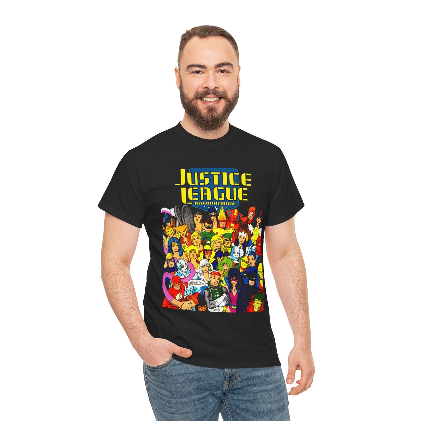 Justice League International T-Shirt - Kevin Maguire DC Comics Sourcebook Art - Booster Gold, Blue Beetle, Batman, Martian Manhunter, Captain Atom, Fire, Ice, Guy Gardner