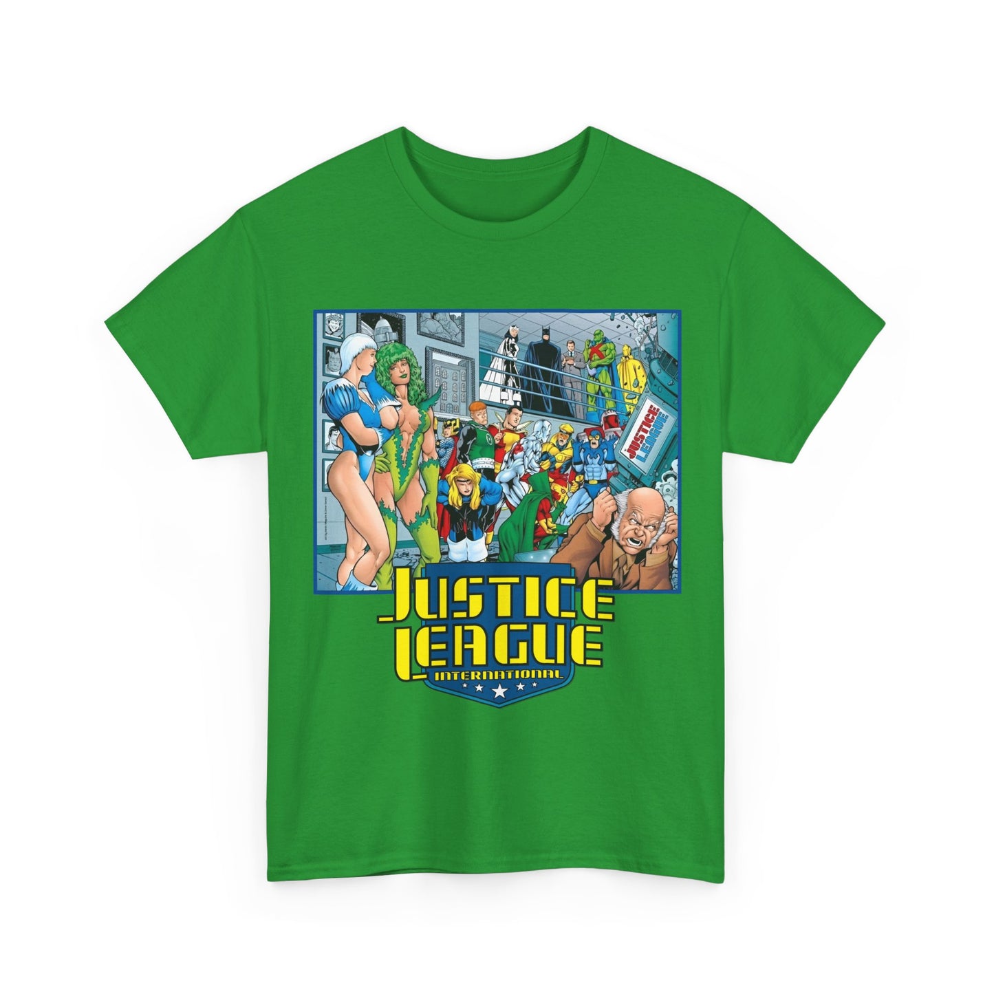 Justice League International T-Shirt - Kevin Maguire Art - Blue Beetle, Booster Gold, Martian Manhunter, Captain Atom, Batman, Fire, Ice - DC Comics - JLI