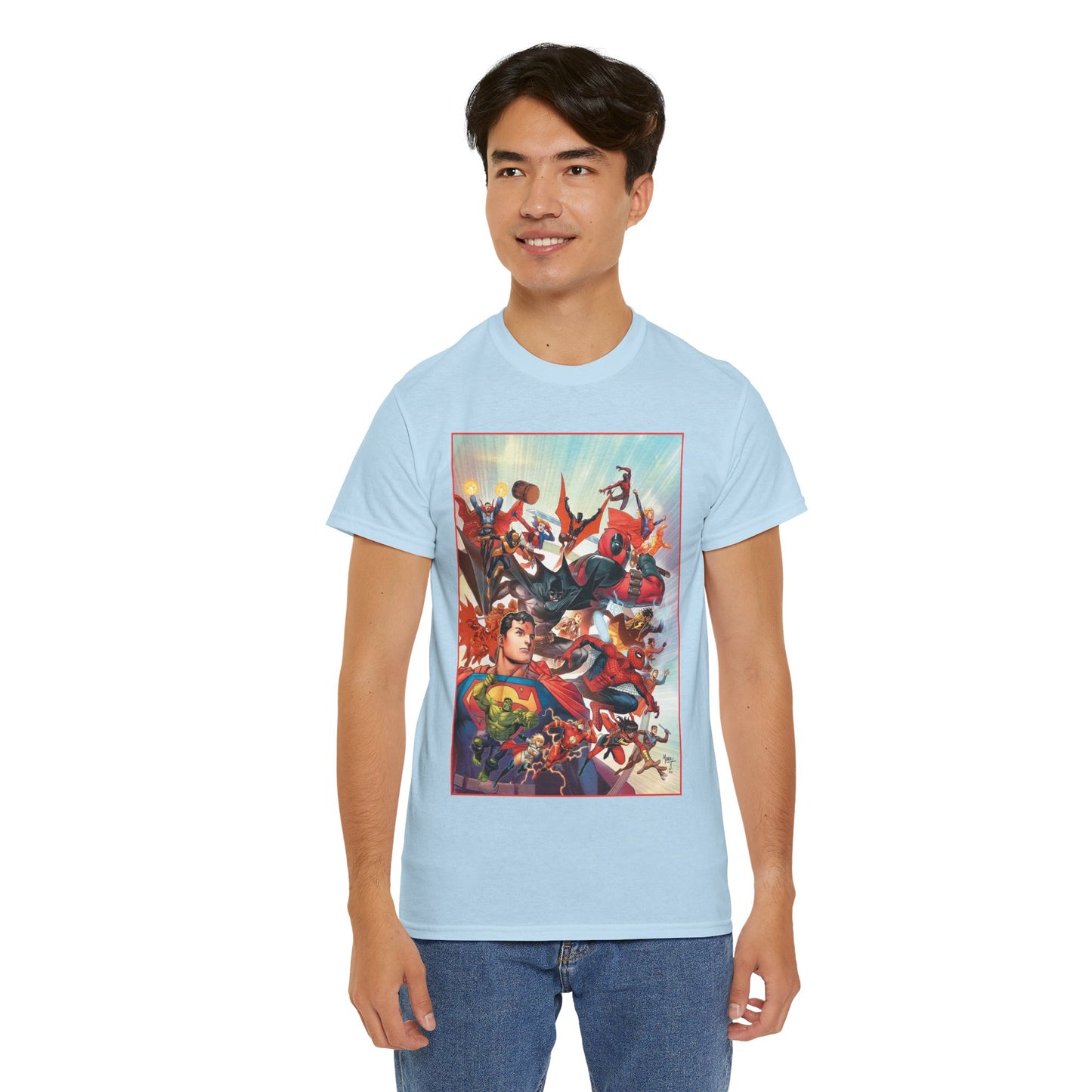 DC/Marvel T-Shirt - The Cosmic Kiss Caper & Other Stories Cover Art - Superman, Deadpool, Spider-Man, Harley Quinn, Batman Beyond, Static, Dr. Strange - DC Comics/Marvel