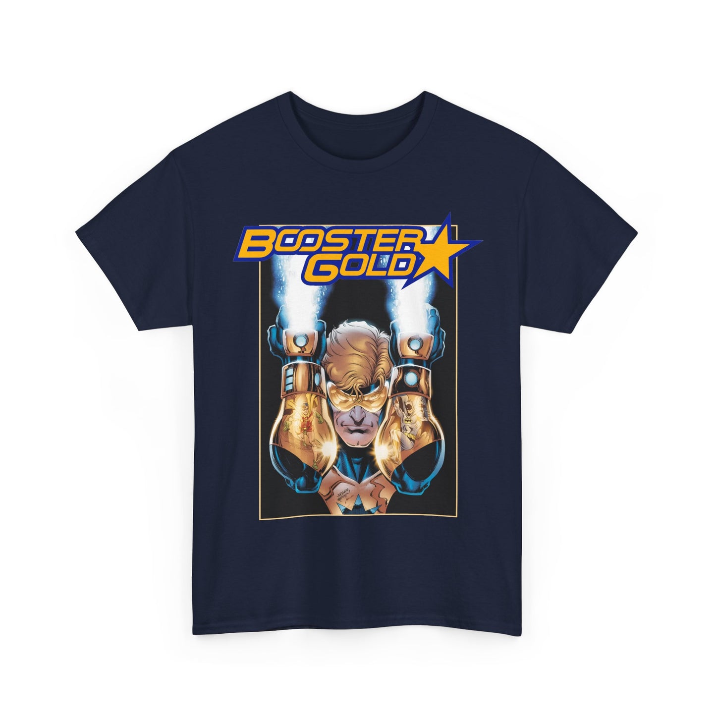 Navy blue t-shirt with 'Booster Gold' graphic design on a white background