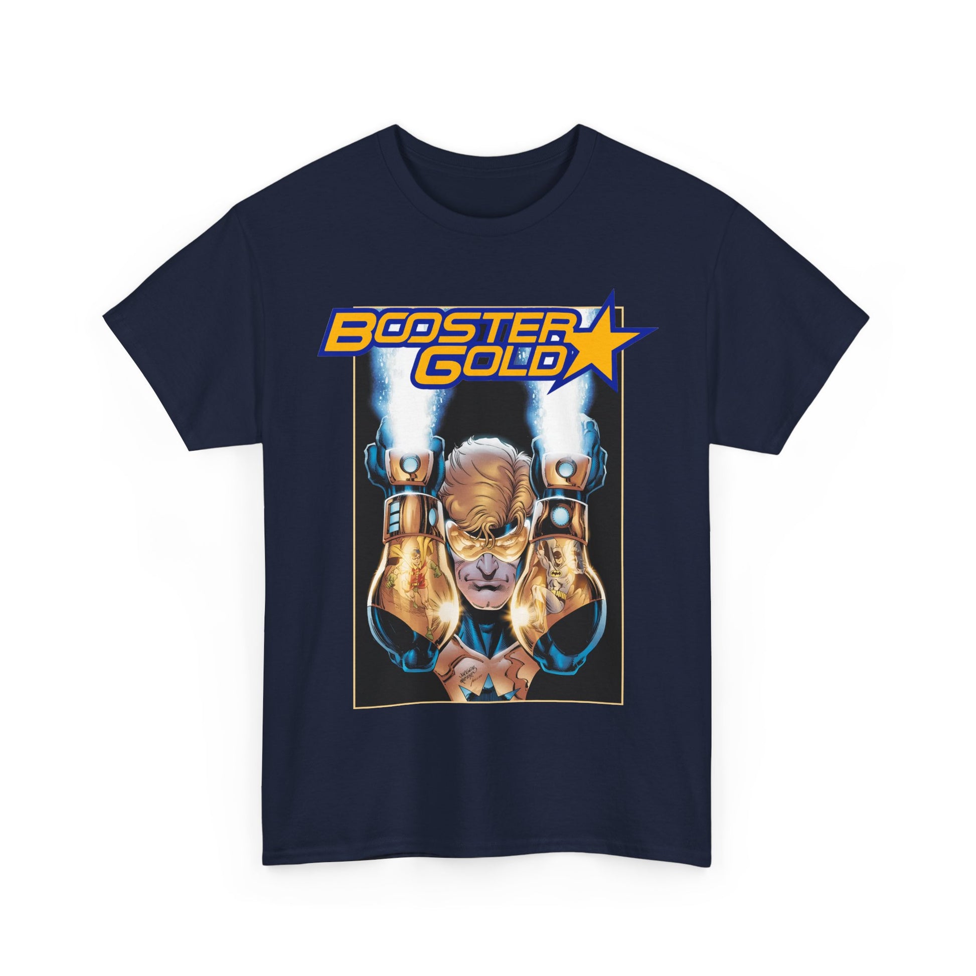 Navy blue t-shirt with 'Booster Gold' graphic design on a white background