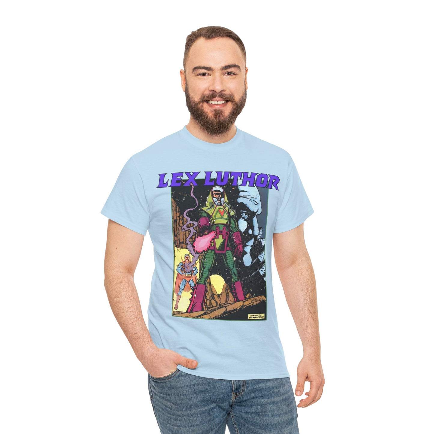 Lex Luthor T-Shirt - George Perez Art - 1980s DC Comics - Action Comics Armor - Inspiration for Super Powers Figure - Superman Enemy