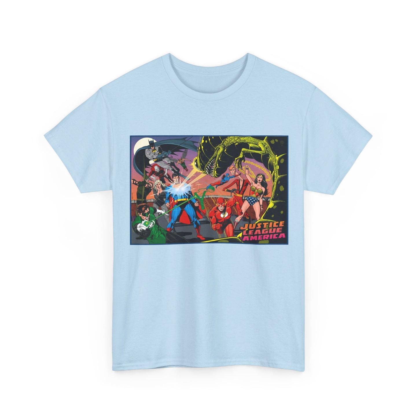 Justice League of America T-Shirt - Brian Bolland Art - Superman, Green Lantern, Wonder Woman, Batman, Flash, Elongated Man, Black Canary, Green Arrow, Atom - DC Comics