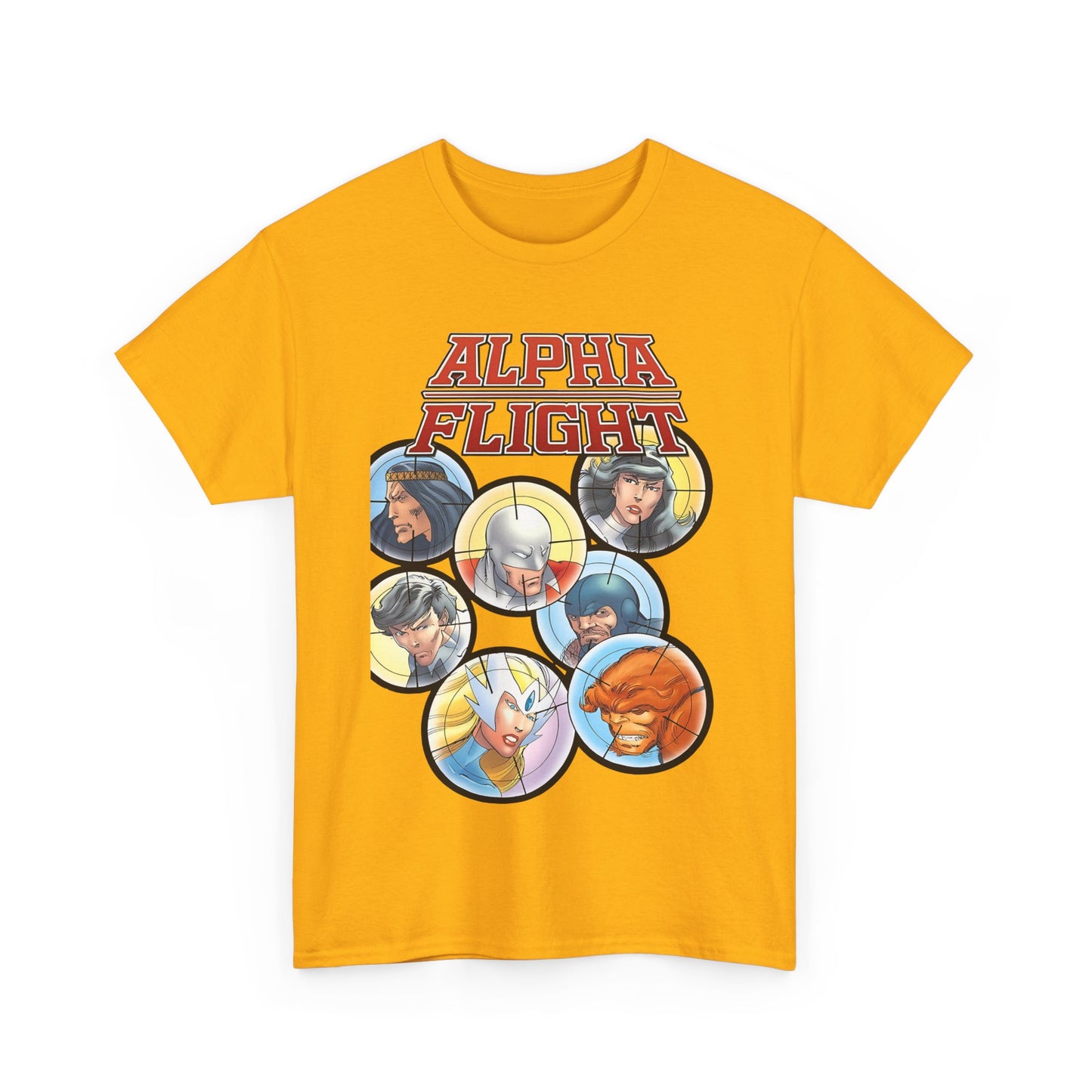 Alpha Flight T-Shirt - John Byrne Art - Guardian, Aurora, Northstar, Sasquatch, Shaman, Puck, Snowbird - Canada's Super Heroes - Marvel Comics