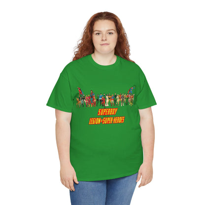 Superboy & Legion of Super-Heroes T-Shirt - 1970s DC Comics Art - Saturn Girl, Lightning Lad, Brainiac 5, Supergirl, Dawnstar, Mon-El, Bouncing Boy, Wildfire - LOSH