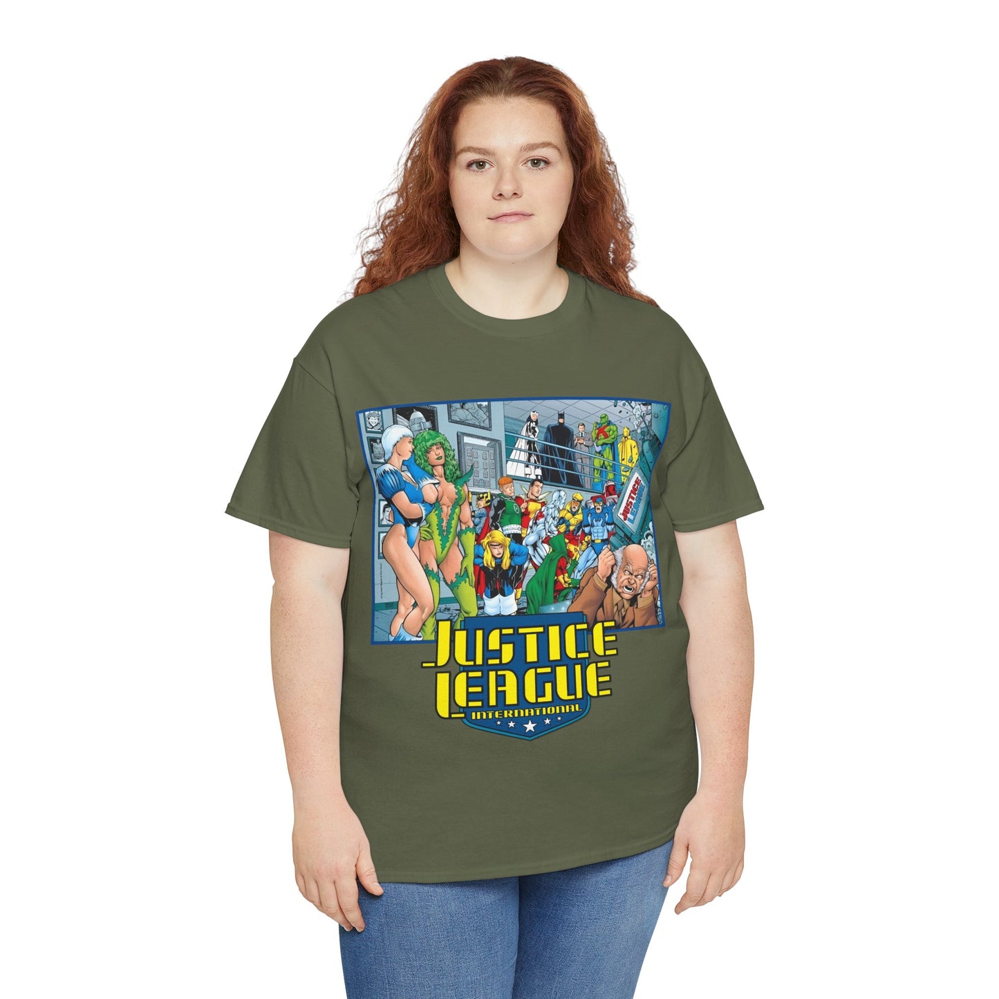 Justice League International T-Shirt - Kevin Maguire Art - Blue Beetle, Booster Gold, Martian Manhunter, Captain Atom, Batman, Fire, Ice - DC Comics - JLI