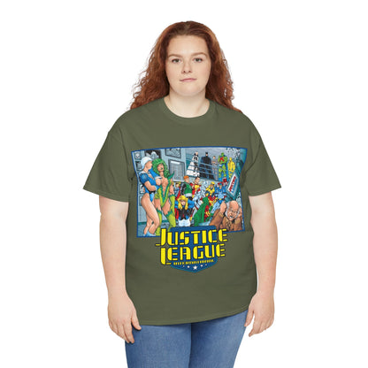 Justice League International T-Shirt - Kevin Maguire Art - Blue Beetle, Booster Gold, Martian Manhunter, Captain Atom, Batman, Fire, Ice - DC Comics - JLI