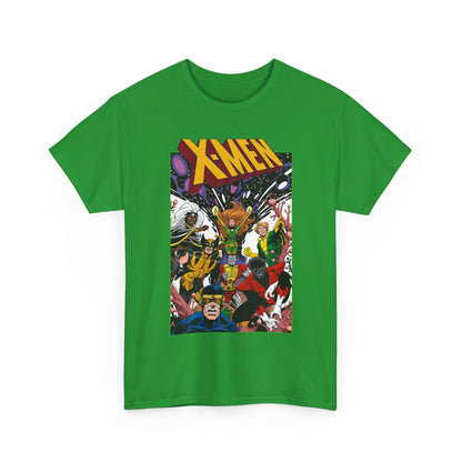 Green t-shirt with X-Men graphic design on a white background