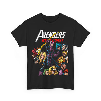 Avengers West Coast T-Shirt - Bob Hall Art - Hawkeye, Iron Man, Wonder Man, Tigra, Mockingbird - Marvel Comics Team