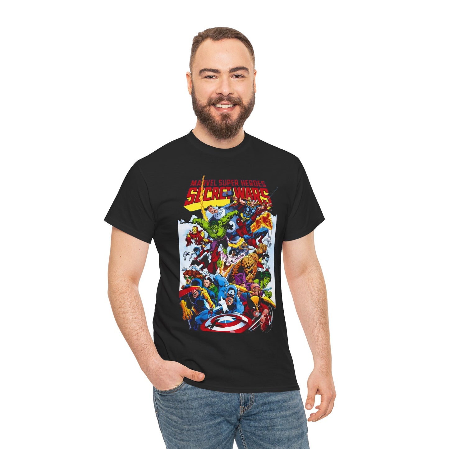 Secret Wars T-Shirt - Spider-man, Wolverine, Iron Man, Captain America, Cyclops, Rogue, Hulk, Mr Fantastic, The Thing - Classic Marvel Comics 1980s Series - The Beyonder