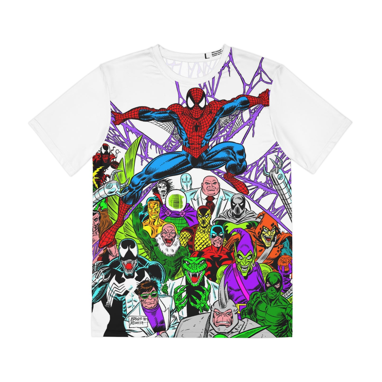 Amazing Spider-Man Polyester Tee (All-Over Print) - 1990s Mark Bagley Art - Green Goblin, Rhino, Venom - Marvel Comics