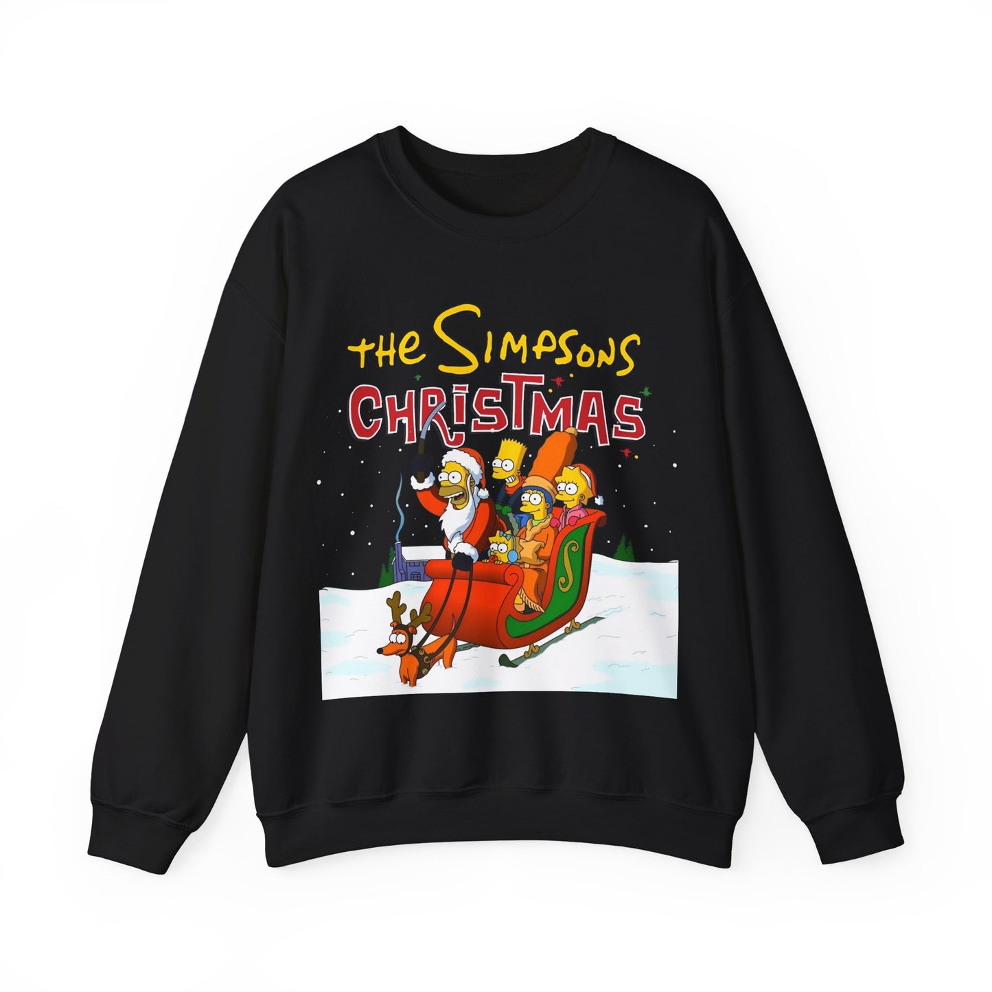 Simpsons Family Christmas Crewneck Sweatshirt - Homer, Marge, Bart, Lisa, Maggie - Riding a Christmas Sleigh Through the Winter Snow