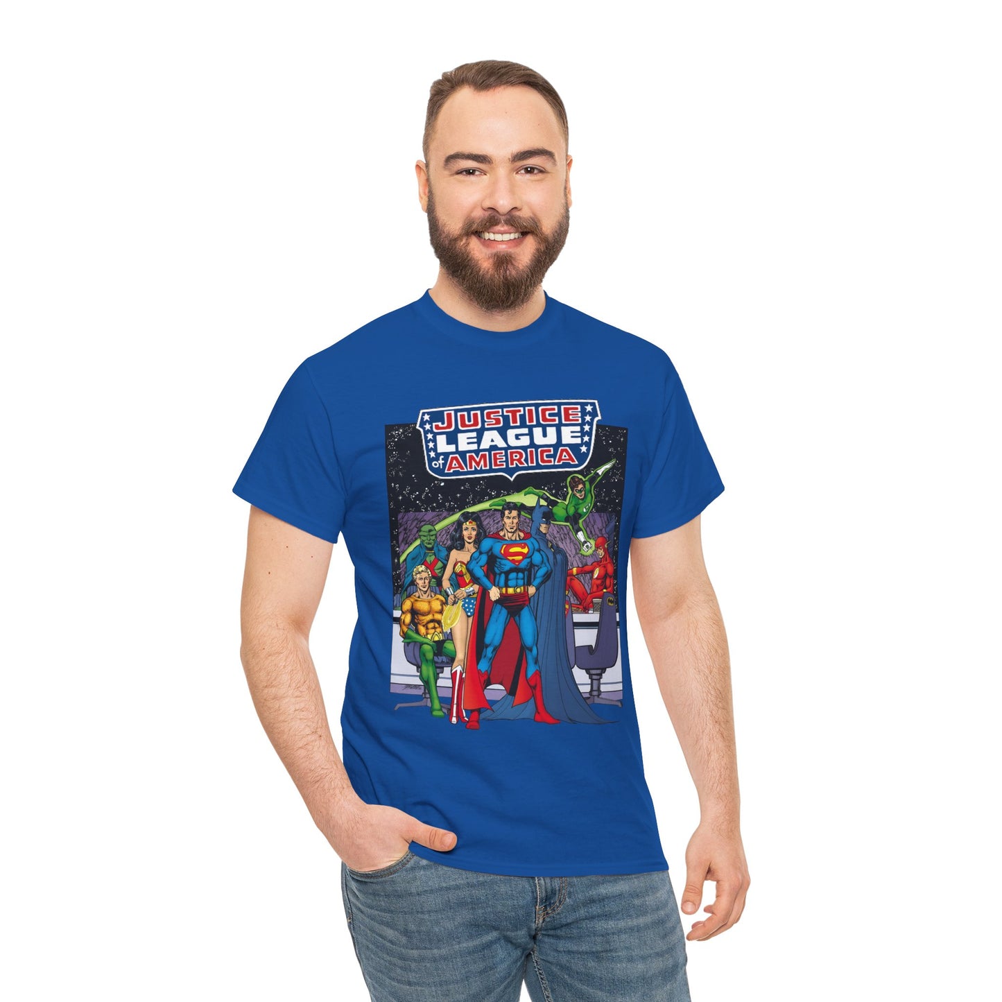 Justice League T-Shirt - George Perez Art - JLA Satellite Era - Superman, Wonder Woman, Green Lantern, Batman, Flash, Aquaman, Martian Manhunter - DC Comics