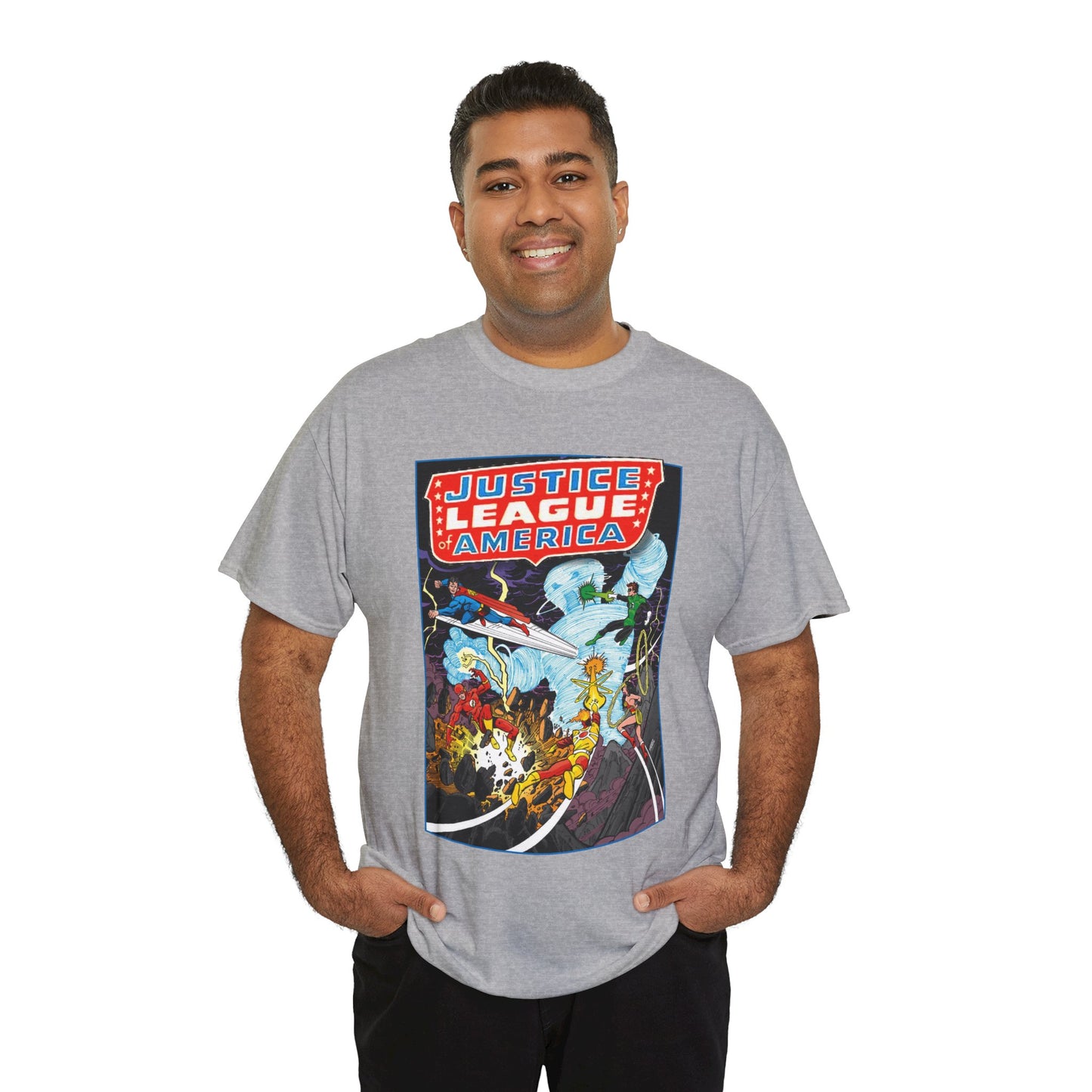 Justice League T-Shirt - George Perez Art - Tornado Tyrant - Superman, Firestorm, Flash, Wonder Woman, Green Lantern - DC Comics