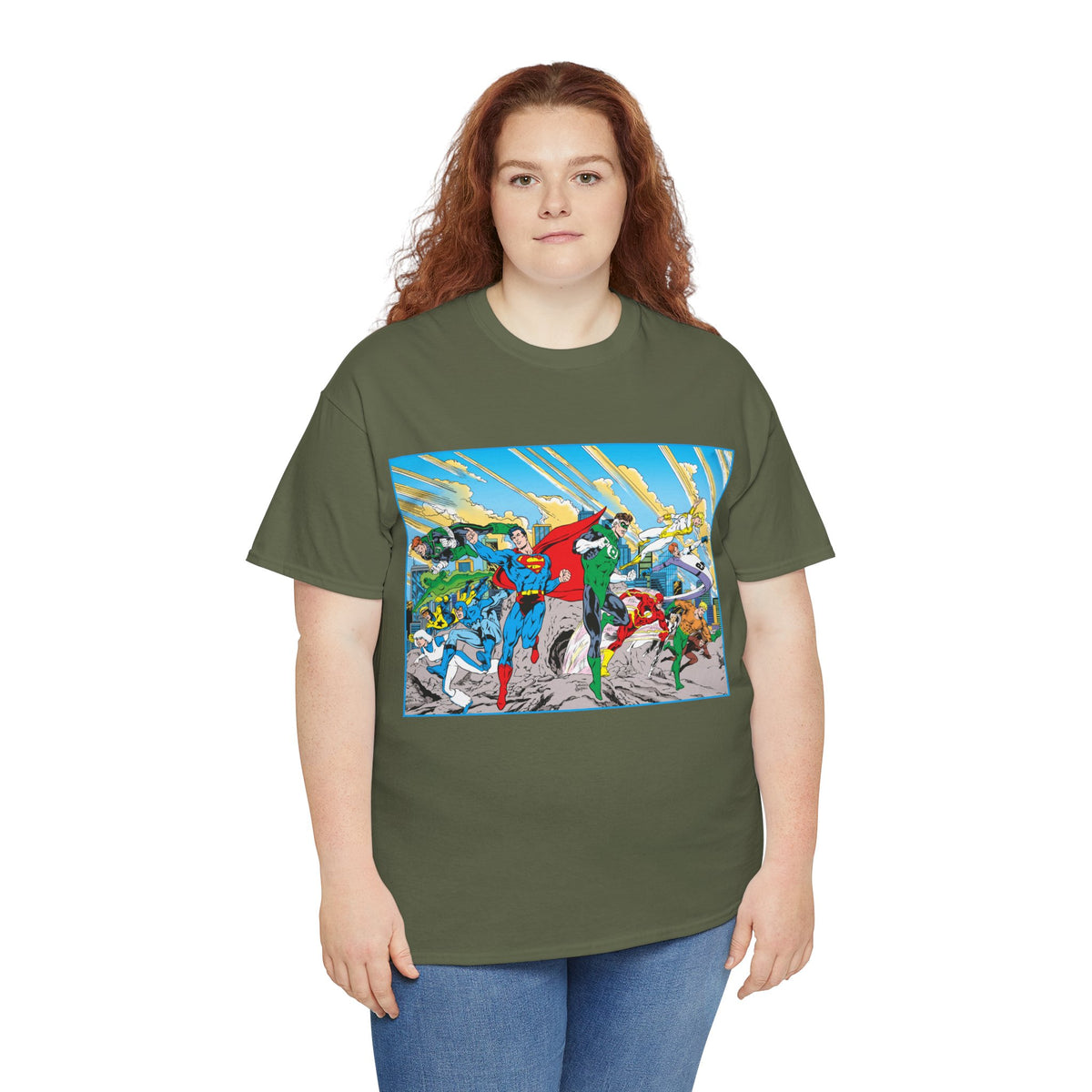 Justice League America/Europe T-Shirt - Dan Jurgens Art - Superman, Blue Beetle, Booster Gold, Green Lantern, Aquaman, Power Girl, Guy Gardner, Flash - DC Comics