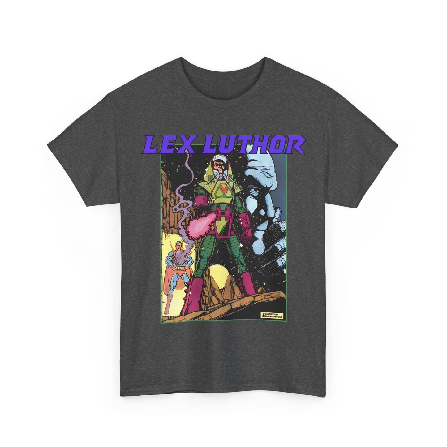 Lex Luthor T-Shirt - George Perez Art - 1980s DC Comics - Action Comics Armor - Inspiration for Super Powers Figure - Superman Enemy