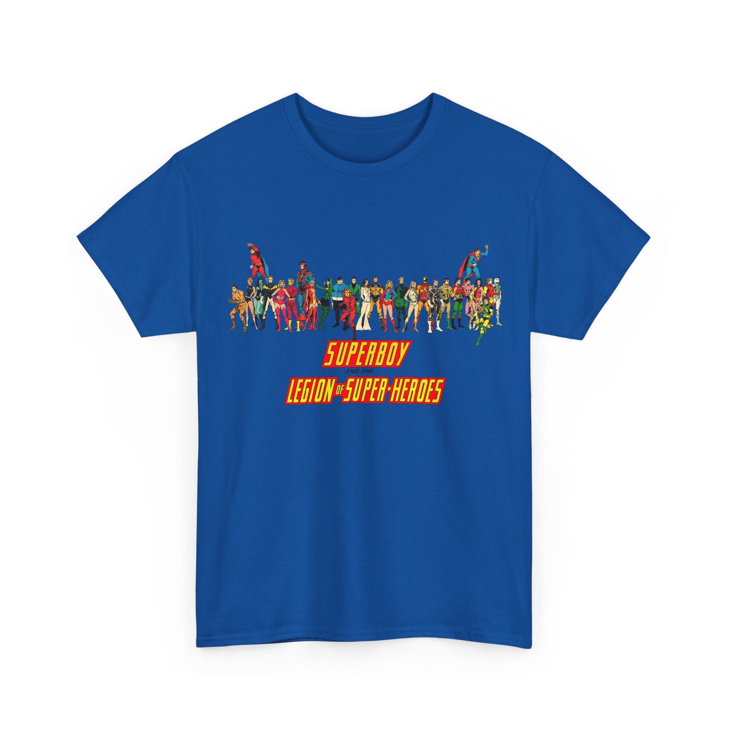 Superboy & Legion of Super-Heroes T-Shirt - 1970s DC Comics Art - Saturn Girl, Lightning Lad, Brainiac 5, Supergirl, Dawnstar, Mon-El, Bouncing Boy, Wildfire - LOSH