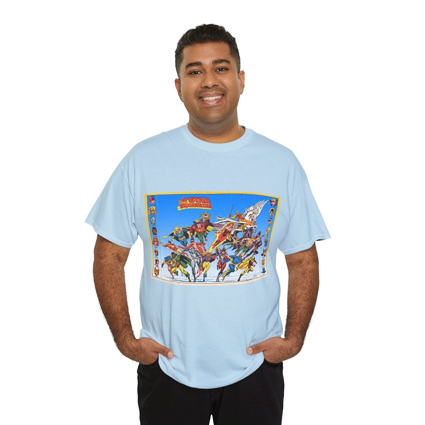 All-Star Squadron T-Shirt - Jerry Ordway Art - JSA Connection - Firebrand, Robotman, Amazing Man, Shining Knight, Tarantula, Dr Fate - Retro 1980s Series - DC Comics