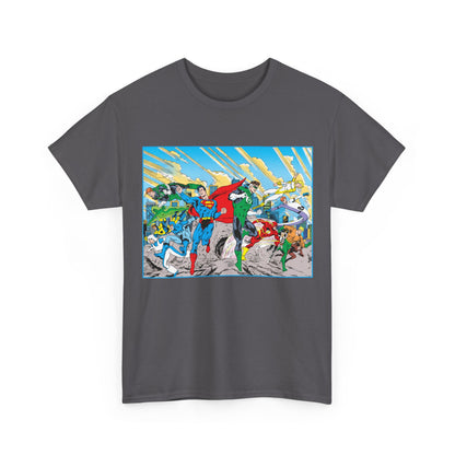 Justice League America/Europe T-Shirt - Dan Jurgens Art - Superman, Blue Beetle, Booster Gold, Green Lantern, Aquaman, Power Girl, Guy Gardner, Flash - DC Comics