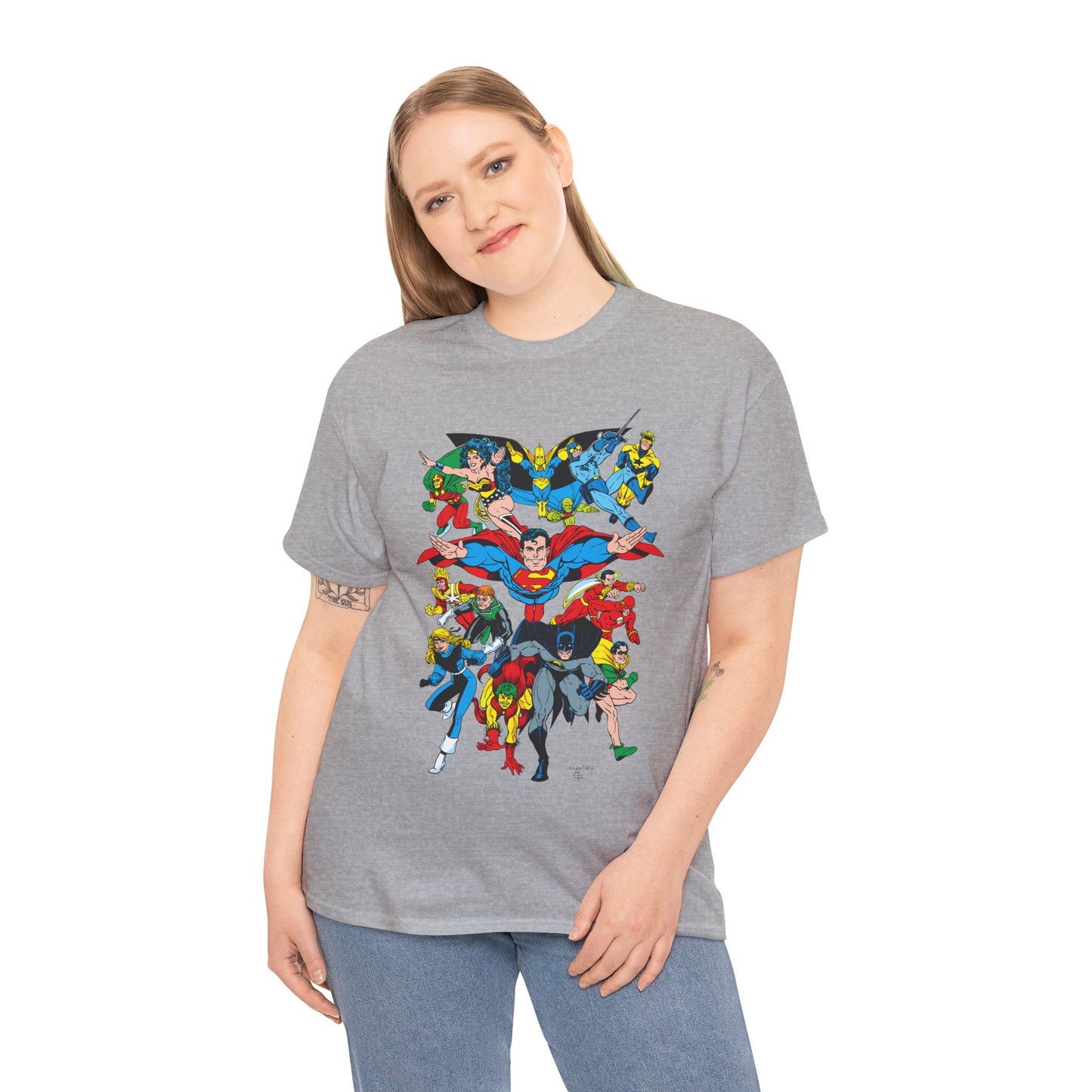 DC Legends T-Shirt - Linda Medley, Arthur Adams Art - Superman, Wonder Woman, Batman, Creeper, Black Canary, Guy Gardner, Blue Beetle, Booster Gold, Dr. Fate, Flash - DC Comics
