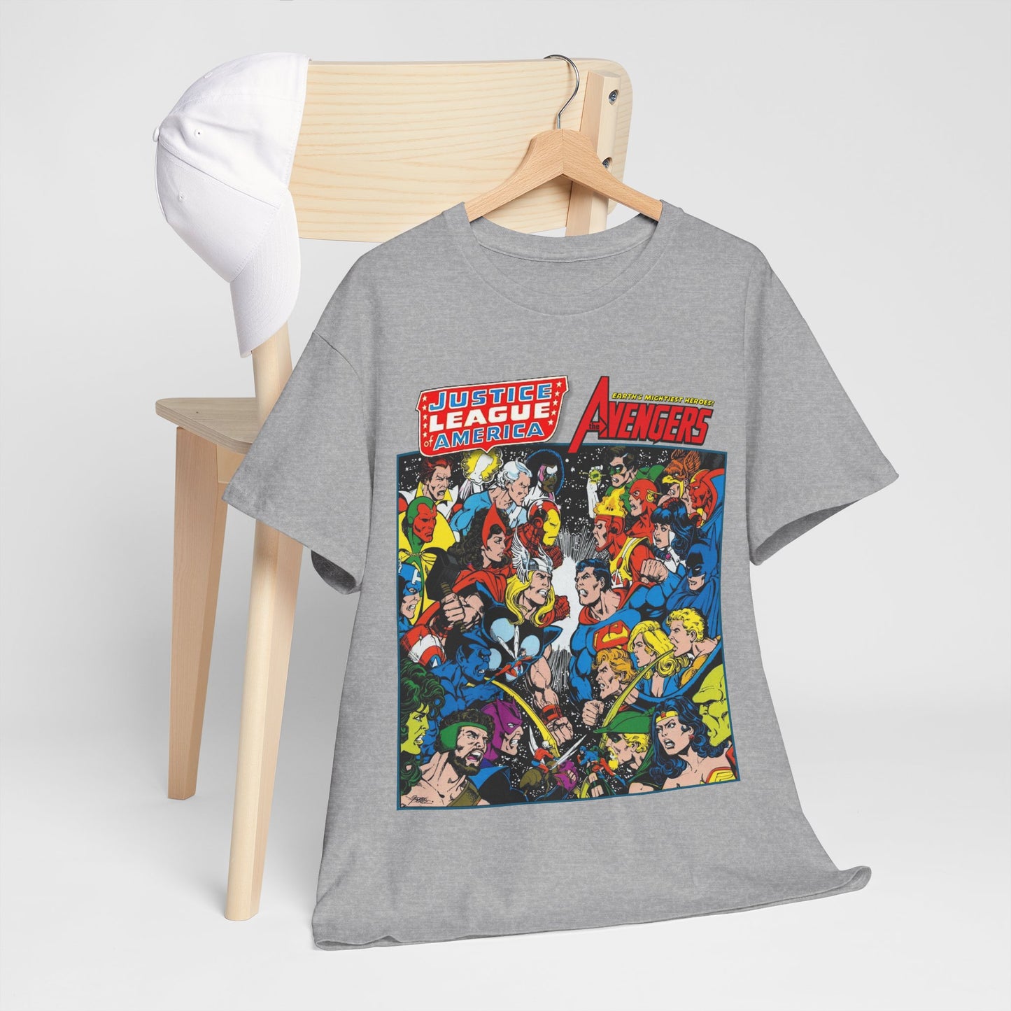 Justice League/Avengers T-Shirt - DC & Marvel Comics Art - George Perez - JLA - Batman, Captain America, Iron Man, Green Lantern