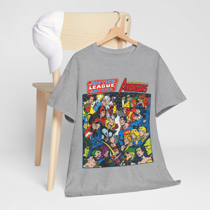 Justice League/Avengers T-Shirt - DC & Marvel Comics Art - George Perez - JLA - Batman, Captain America, Iron Man, Green Lantern