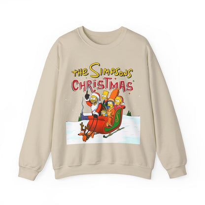 Simpsons Family Christmas Crewneck Sweatshirt - Homer, Marge, Bart, Lisa, Maggie - Riding a Christmas Sleigh Through the Winter Snow