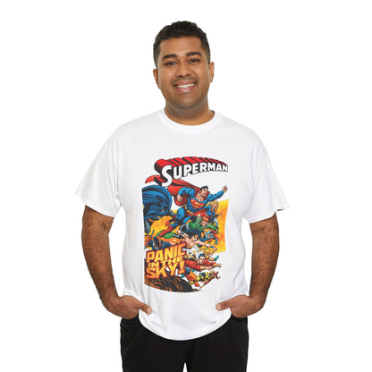 Superman - Panic in the Sky T-Shirt - Dan Jurgens Art - Vs Brainiac & Maxima - Wonder Woman, Booster Gold, Shazam, Batman, Flash, Aquaman, Supergirl - DC Comics