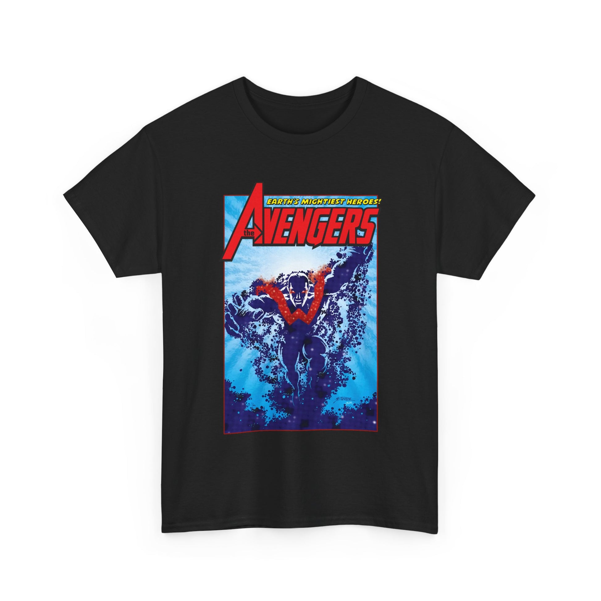 Black t-shirt with Wonder Man/Avengers graphic design on a white background