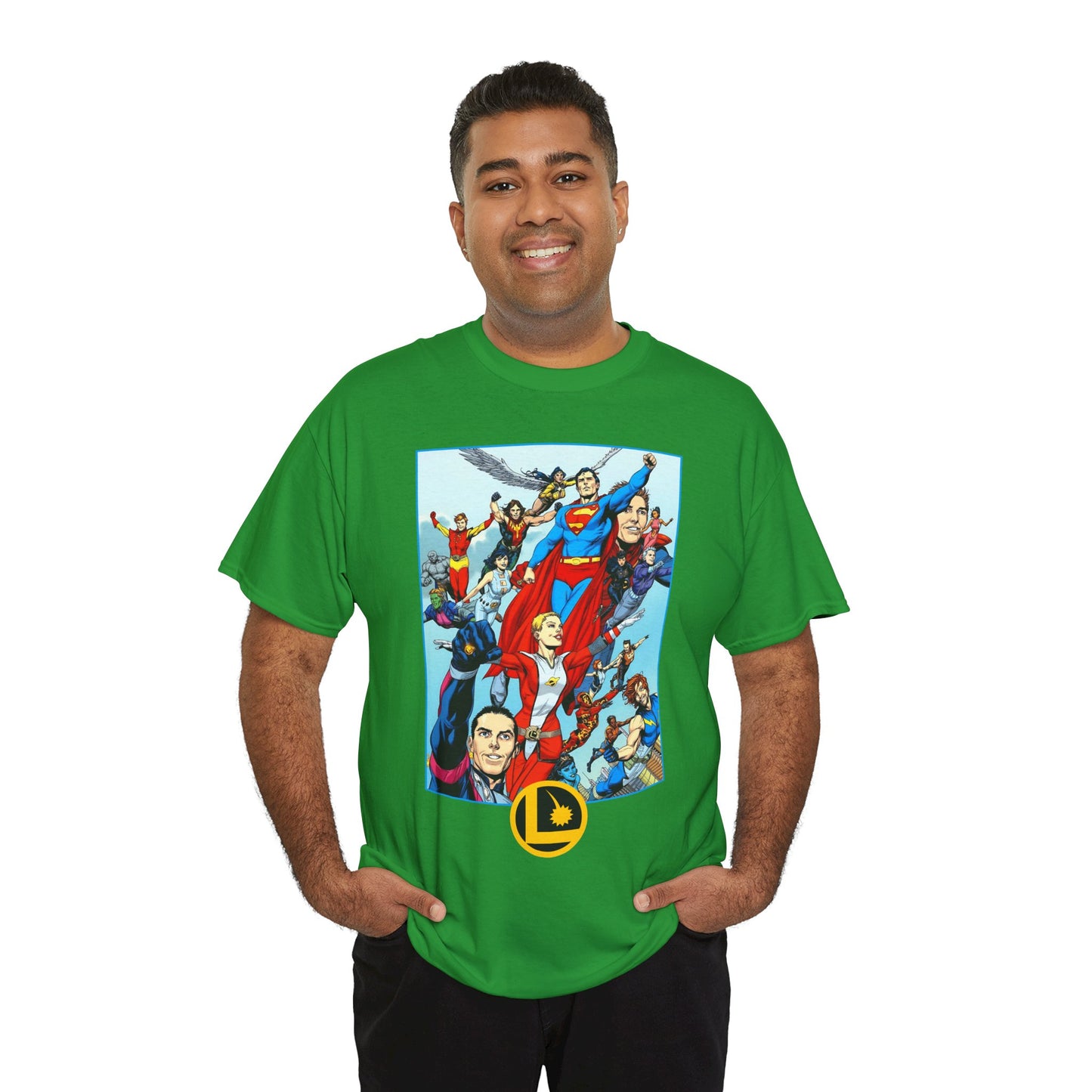 Legion of Super-Heroes T-Shirt - Gary Frank Art - Superman, Saturn Girl, Cosmic Boy, Dawnstar, Brainiac 5, Phantom Girl, Wildfire, Blok, Lightning Lad, Timber Wolf - LOSH - DC Comics
