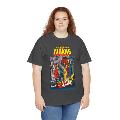 New Teen Titans T-Shirt - George Perez Art - Nightwing, Cyborg, Raven, Starfire, Wonder Girl, Changeling, Jericho - Titans Tower - DC Comics
