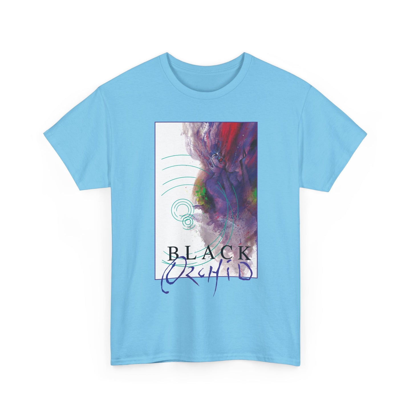 Light blue t-shirt with a colorful graphic of Dave McKean's Black Orchid series by Vertigo Comics