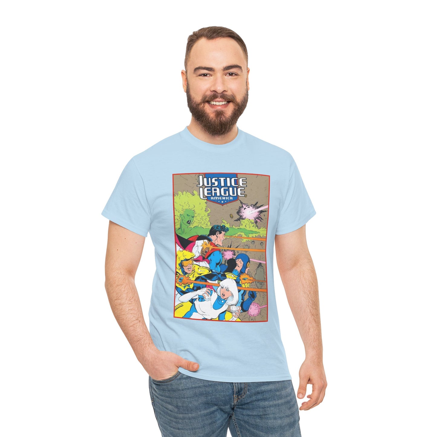 Justice League of America T-Shirt - Dan Jurgens Art - Superman, Fire, Ice, Blue Beetle, Booster Gold, Bloodwynde - DC Comics