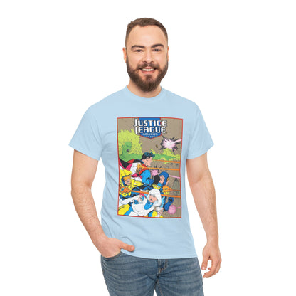 Justice League of America T-Shirt - Dan Jurgens Art - Superman, Fire, Ice, Blue Beetle, Booster Gold, Bloodwynde - DC Comics