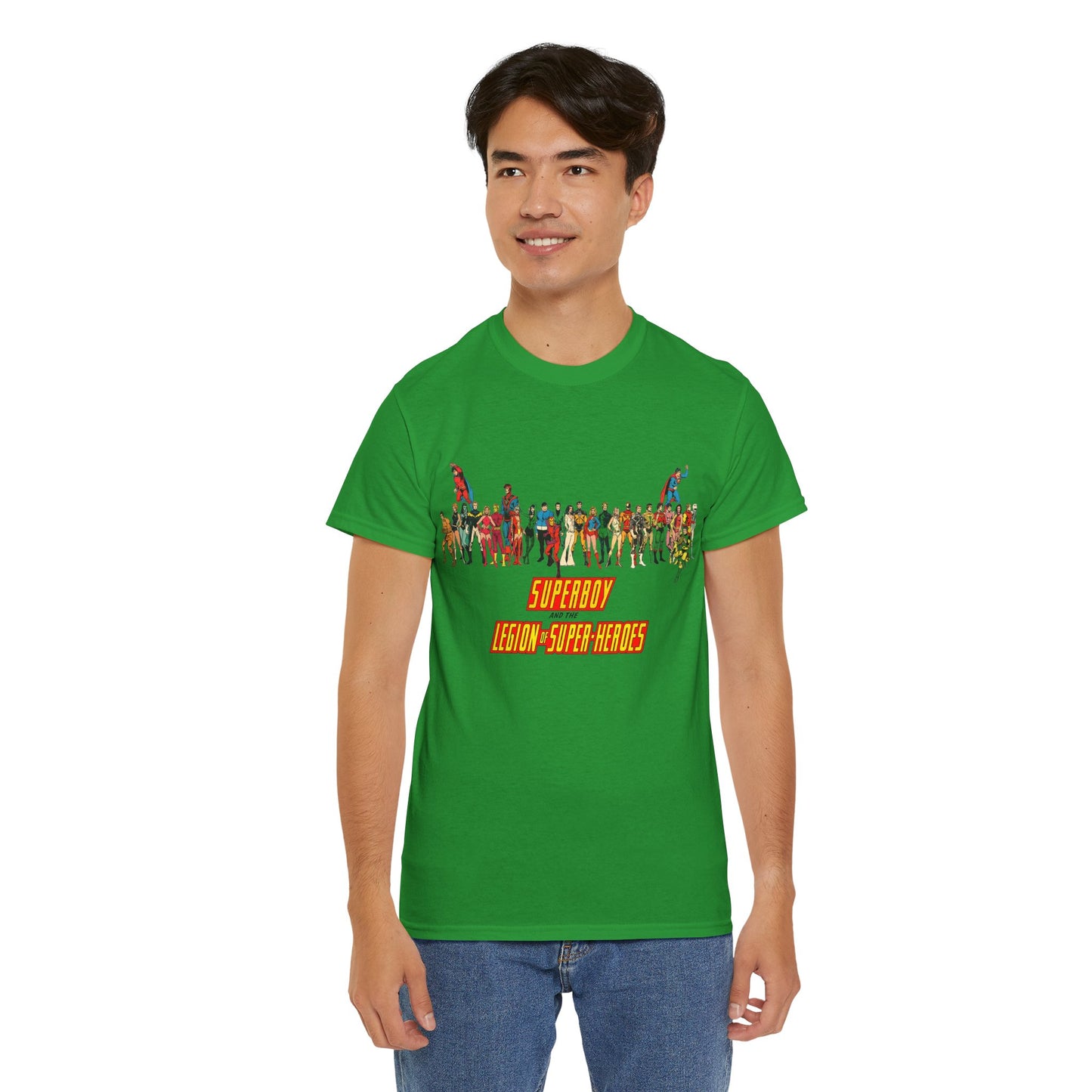 Superboy & Legion of Super-Heroes T-Shirt - 1970s DC Comics Art - Saturn Girl, Lightning Lad, Brainiac 5, Supergirl, Dawnstar, Mon-El, Bouncing Boy, Wildfire - LOSH